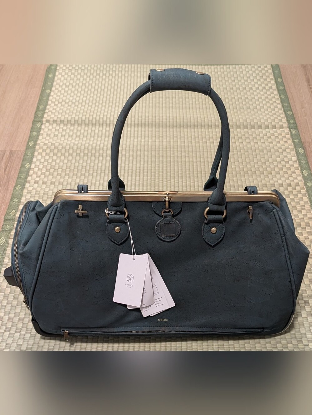 NWT Laflore Paris Trolala Carry On Duffel Bag Emerald Vegan Cork *Small Flaw